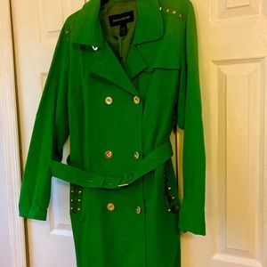 ASHLEY STEWART GREEN TRENCH COAT WITH GOLD ACCENTS